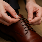 mains ajustant la tige d'une chaussure