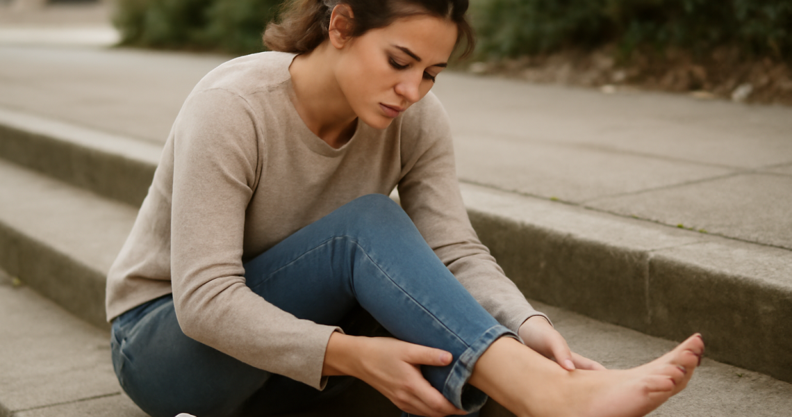 femme regardant plante du pied apres sortie
