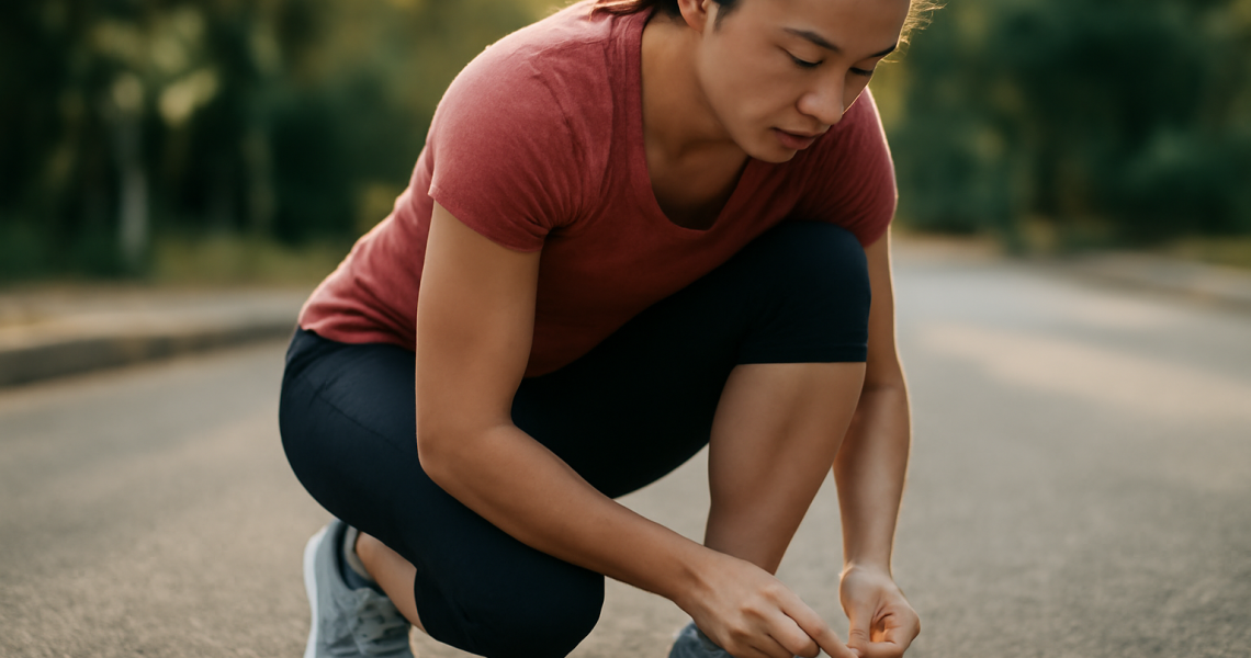coureuse ajustant lacets avant d'un run