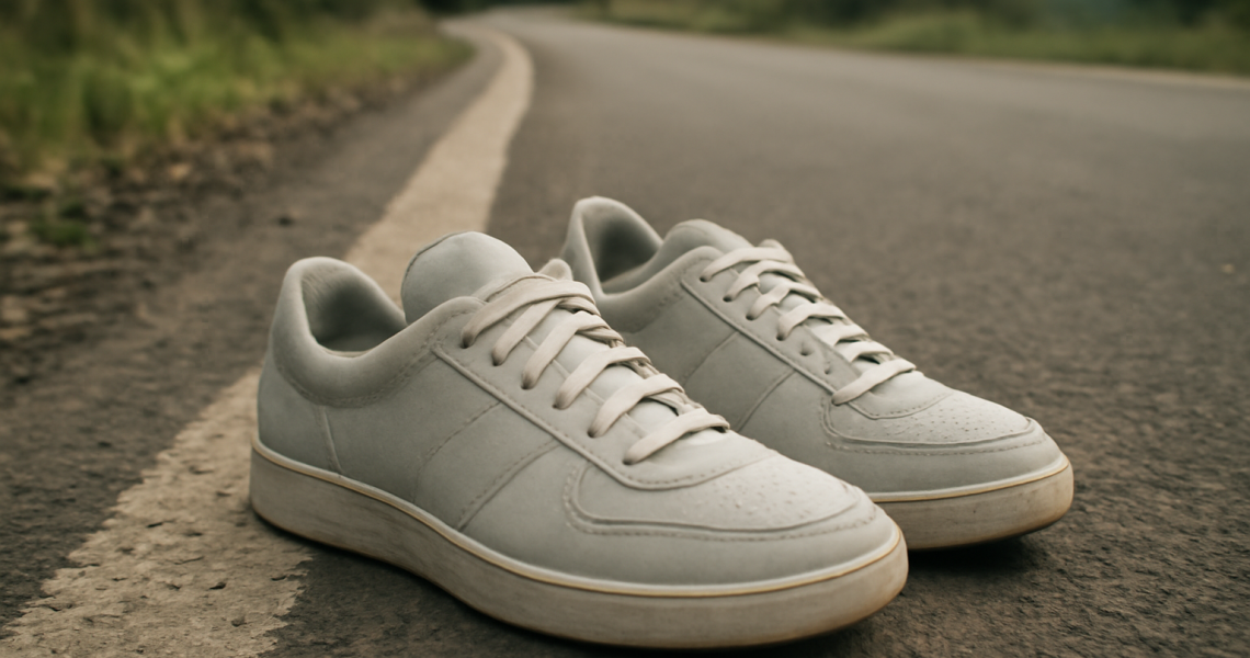 paire de baskets posee au bord route