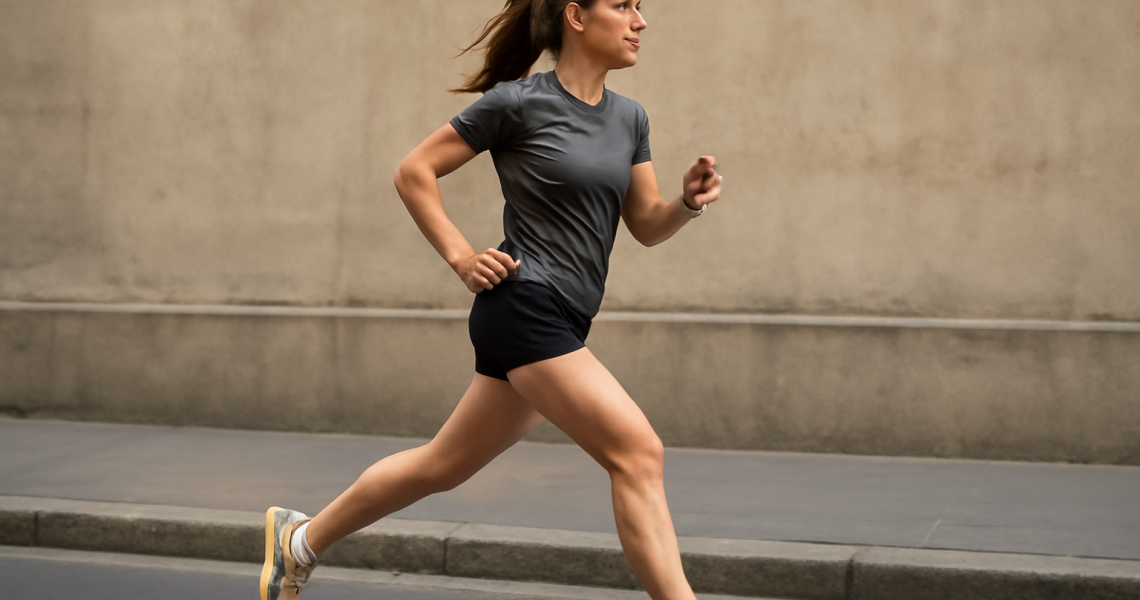 femme courant en baskets rétro sur trottoir