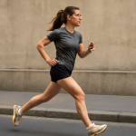 femme courant en baskets rétro sur trottoir