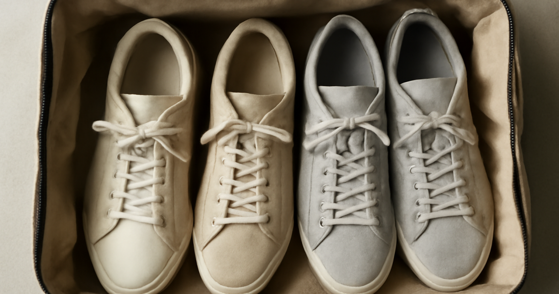 trois paires de baskets alignées dans sac