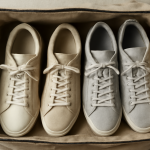 trois paires de baskets alignées dans sac