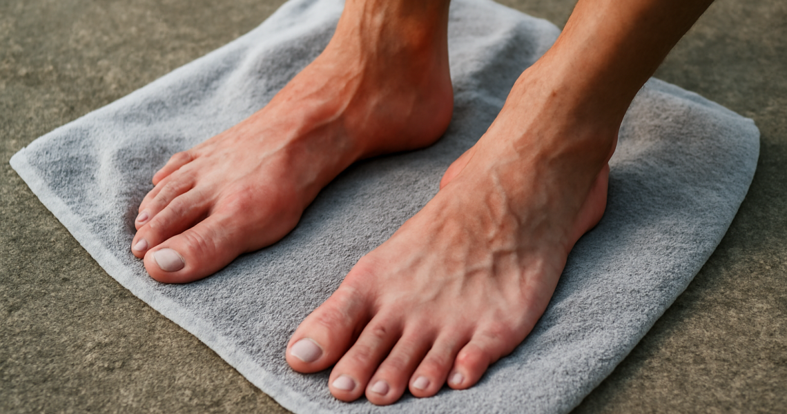 pieds posés sur une serviette après course