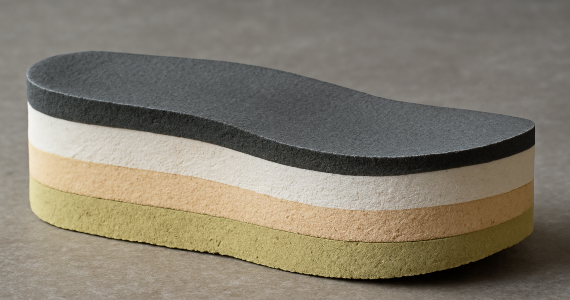 semelle coupée montrant différentes couches de mousse