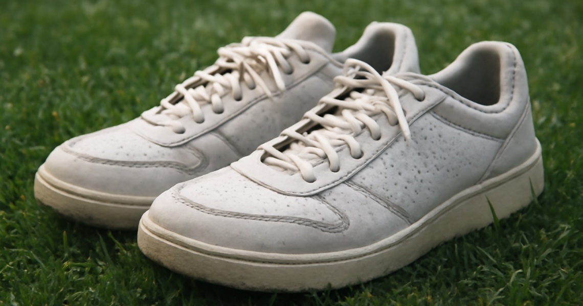 paire de baskets posée sur gazon humide