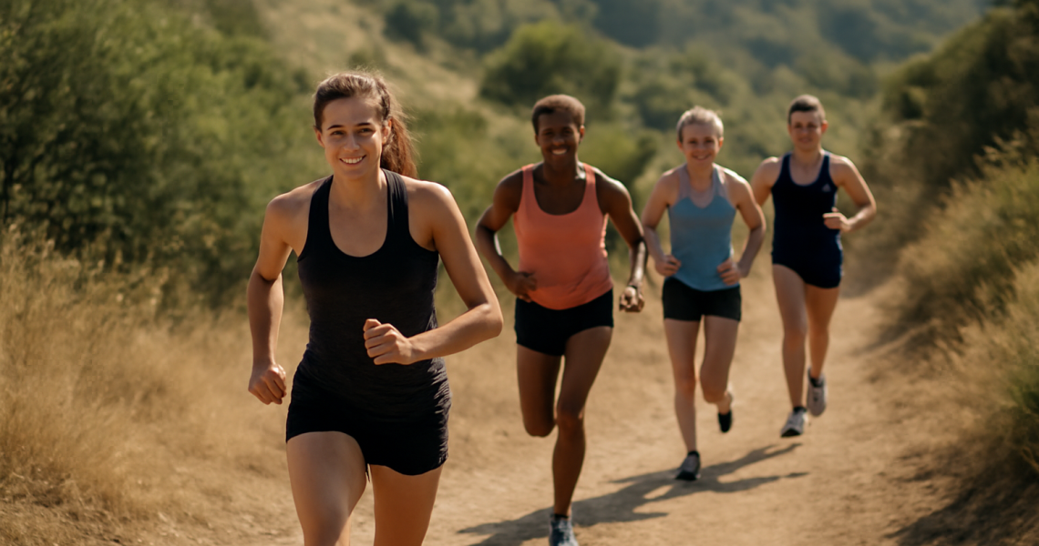 groupe de coureuses faisant des côtes sur sentier