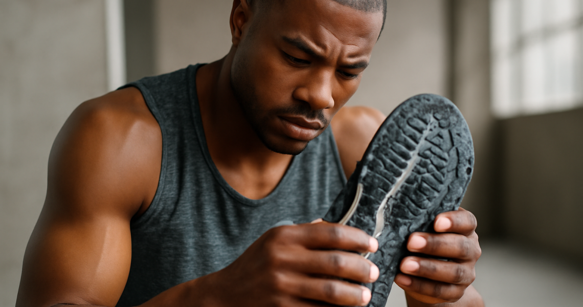 athlete examinant la semelle de sa chaussure