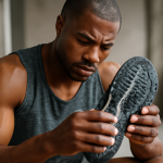 athlete examinant la semelle de sa chaussure