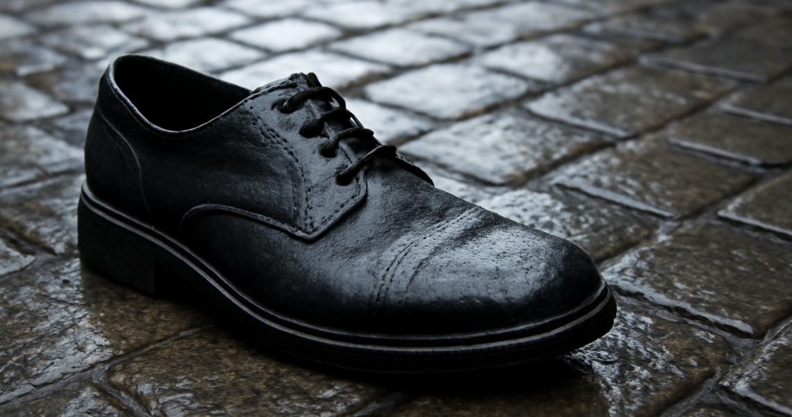 chaussure sur pave humide en rue